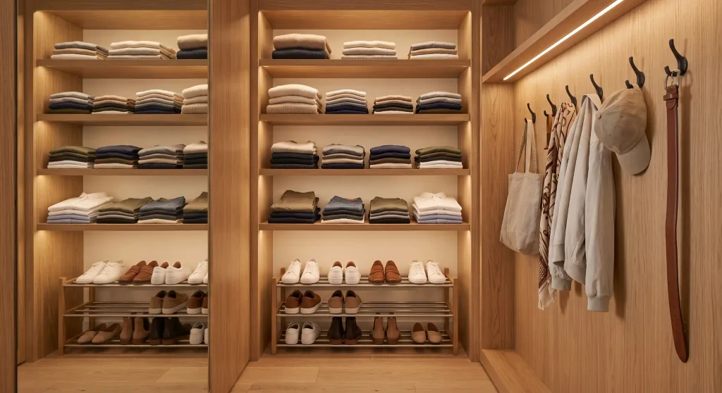 Shallow closet with folded clothes, shoe racks, hooks and storage shelves