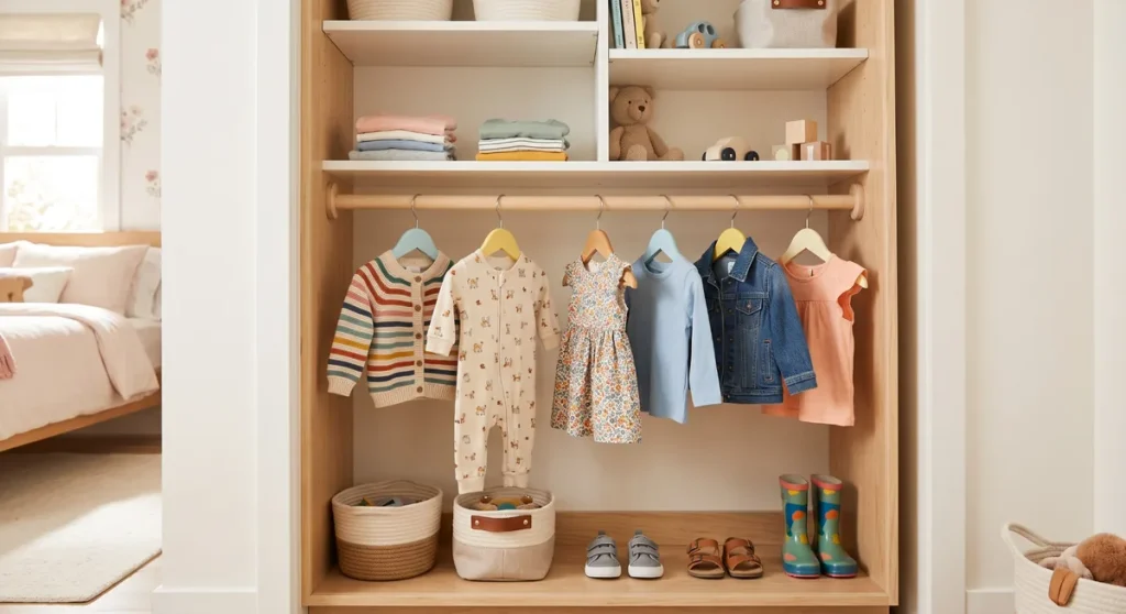 Child's closet with low hanging rod, small clothes, baskets and shoes