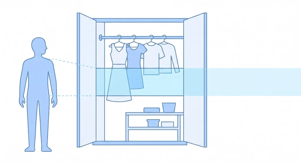 Accessibility diagram showing a person and reachable storage zone inside a closet