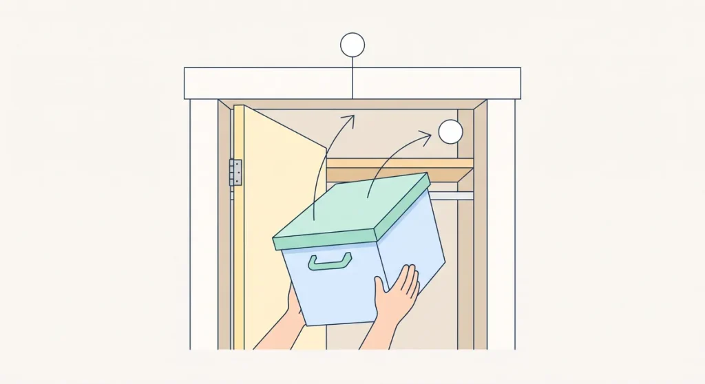 Storage bin being lifted through a closet opening below the door header