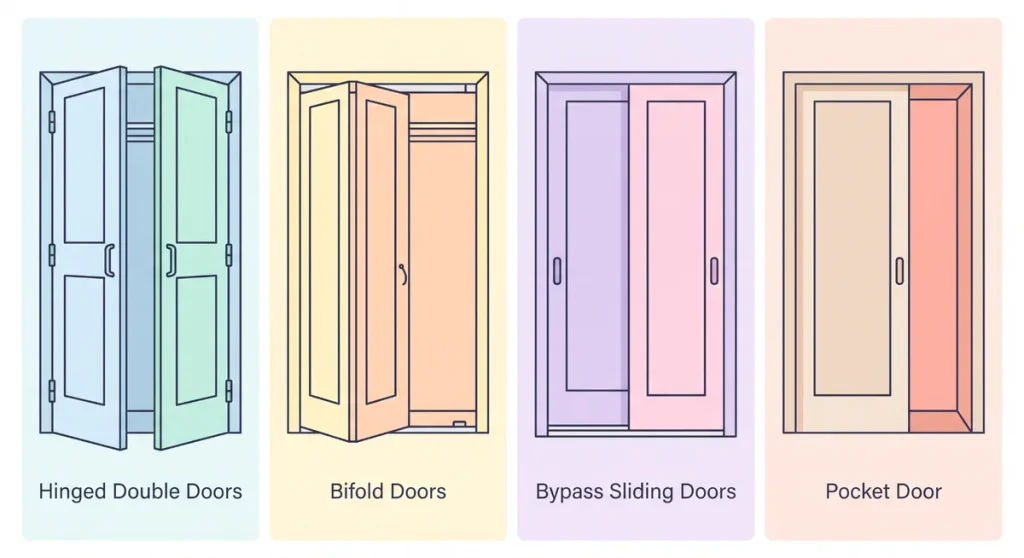 Comparison of hinged double, bifold, bypass sliding, and pocket closet doors