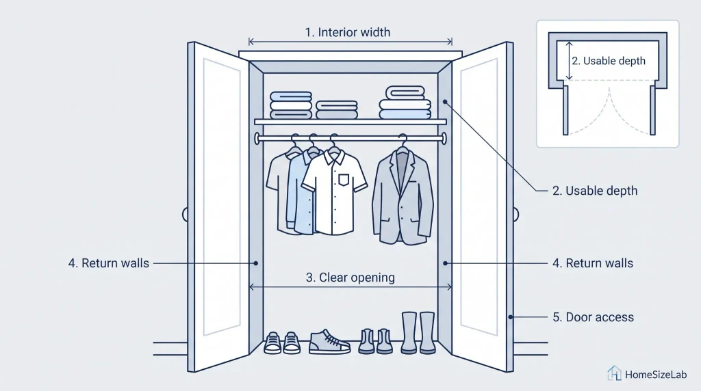 Reach-in closet diagram showing interior width, usable depth, clear opening, return walls, and door access.