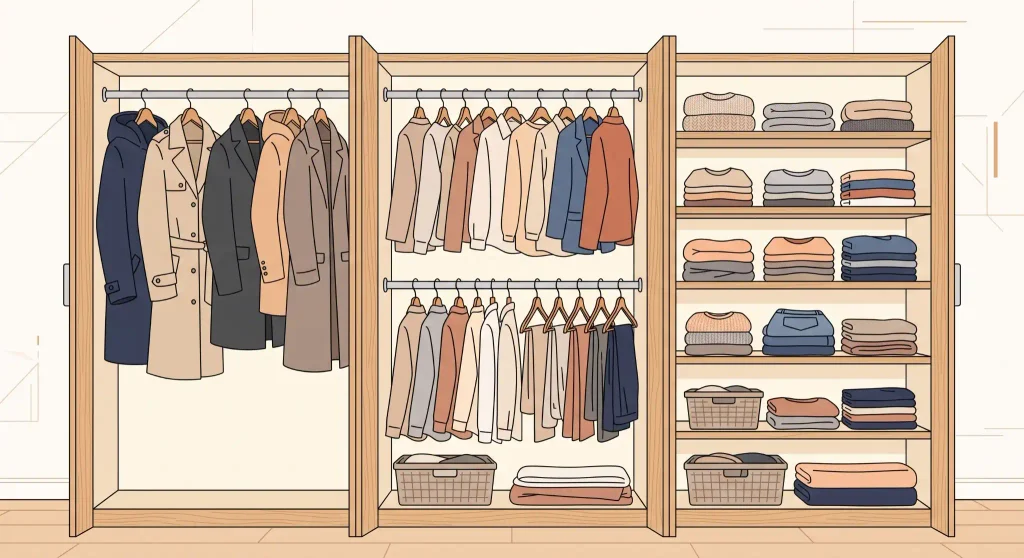 Closet with long-hang, double-hang and folded-storage zones
