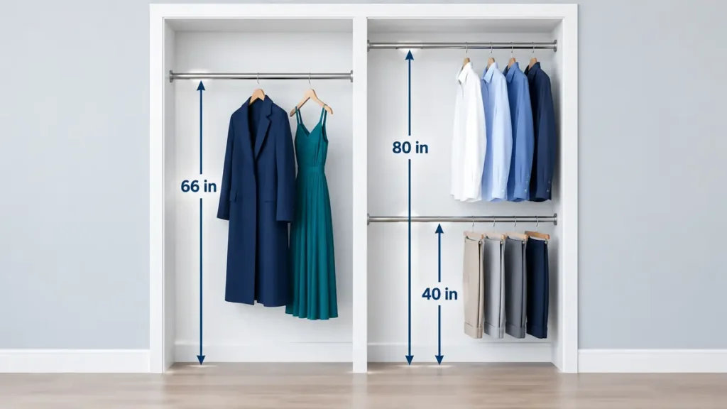 Closet Rod Height: Single, Double, Coat and Accessible Setups Closet showing a 66-inch single rod and 40- and 80-inch double rods