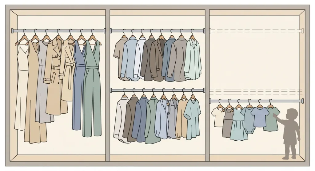 Closet layout comparing long-hang, double-hang and lower child-accessible rod zones