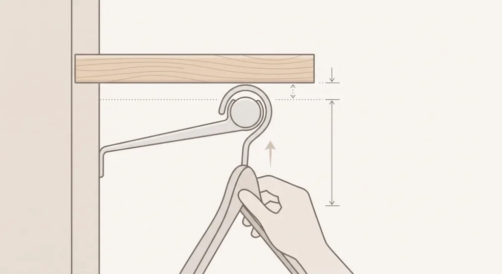 Diagram showing clearance between a closet rod and shelf above