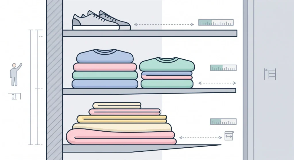 Closet shelves with shoes, folded clothes and linens shown at different storage depths