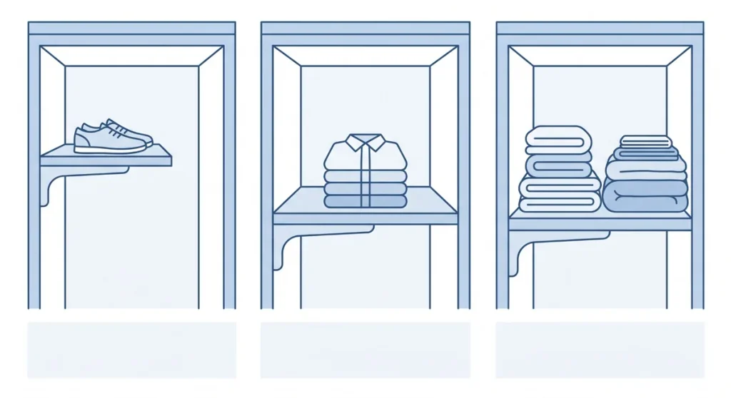 Closet shelf examples for shoes, folded shirts, and larger folded items at different shelf depths