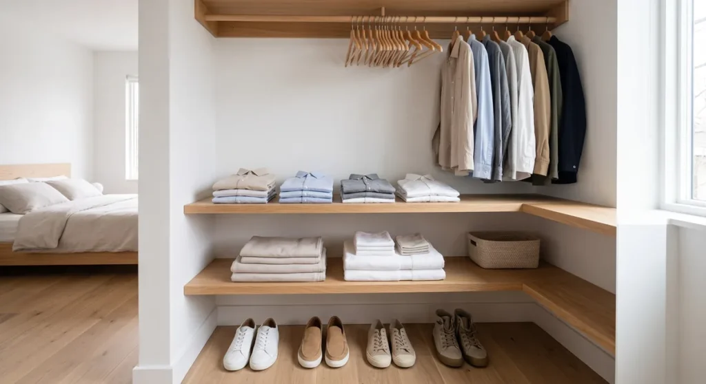 Standard Closet Shelf Depth by Storage Type Reach-in closet with shelves, folded clothes, hanging shirts, shoes, and storage basket