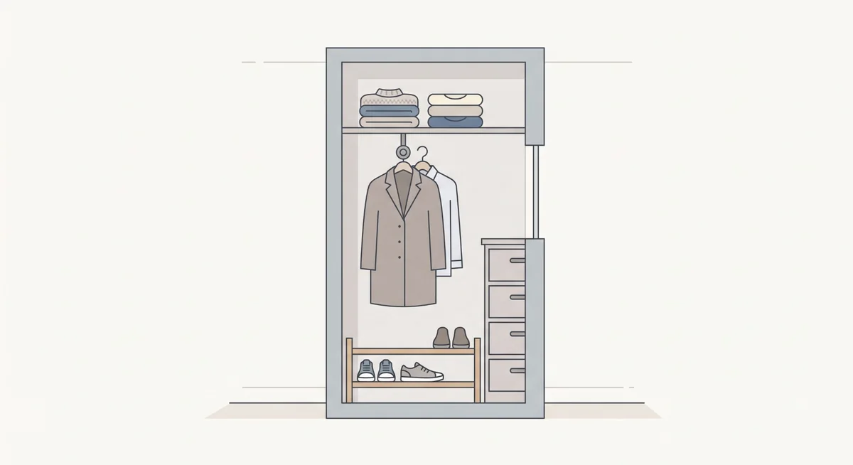Closet layout with hanging rod, upper shelf, shoe shelves, and side drawers