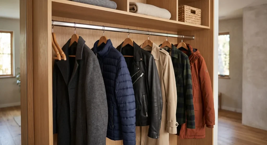 Coat closet with jackets and coats hanging below an upper shelf