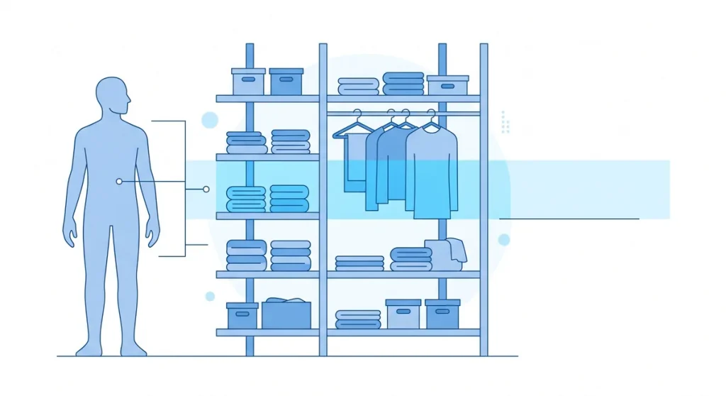 Person beside closet shelves showing a comfortable storage reach zone