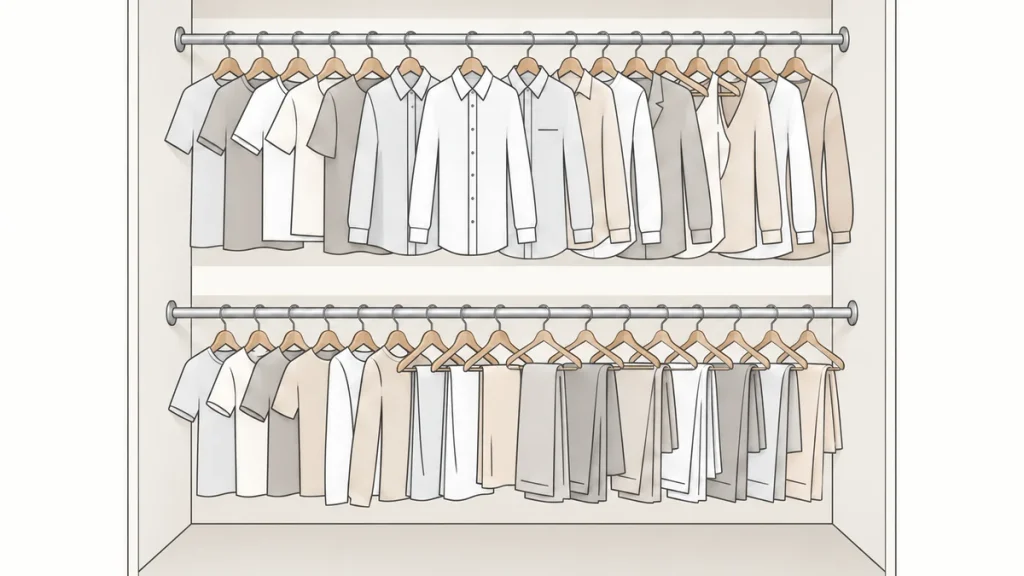 Double-rod closet setup with upper and lower rods for shorter hanging clothes