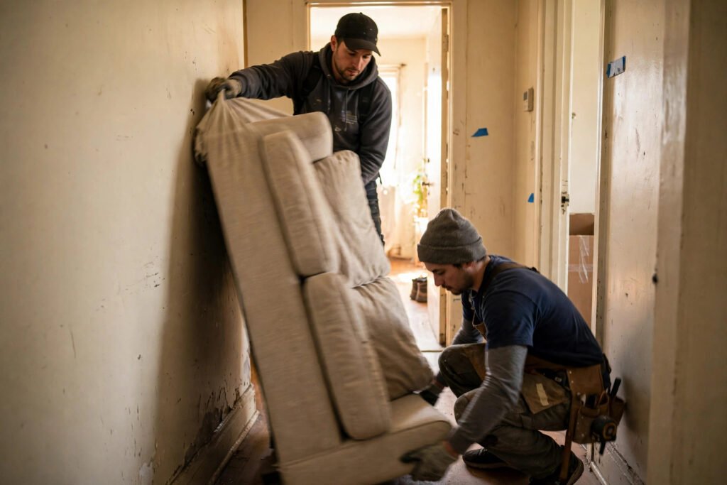 How to Get a Couch Around a Tight Corner Two movers angling a beige sofa around a narrow hallway corner