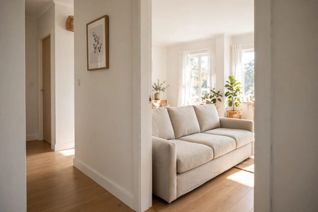 Will a Couch Fit Through a 30-Inch Door? Beige couch in a bright living room viewed through an open interior doorway