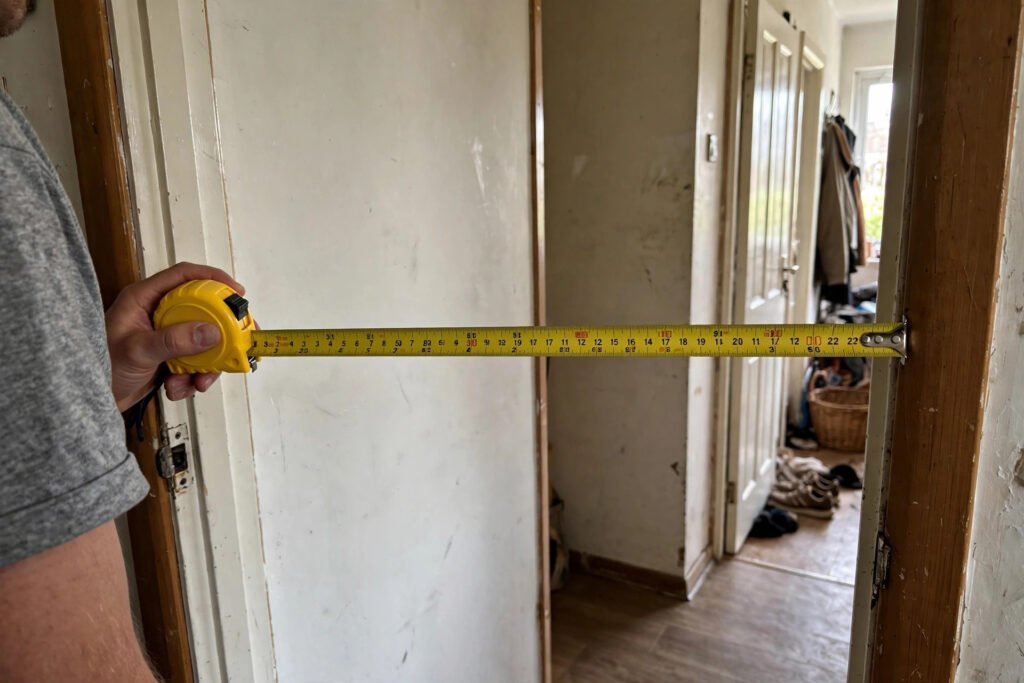 Person holding a yellow tape measure across a doorway in a home hallway