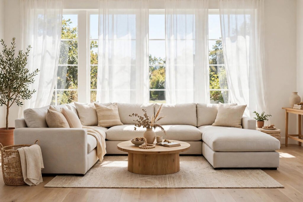 Sectional Sofa Dimensions and Room Fit L-shaped beige sectional sofa with chaise in a bright living room