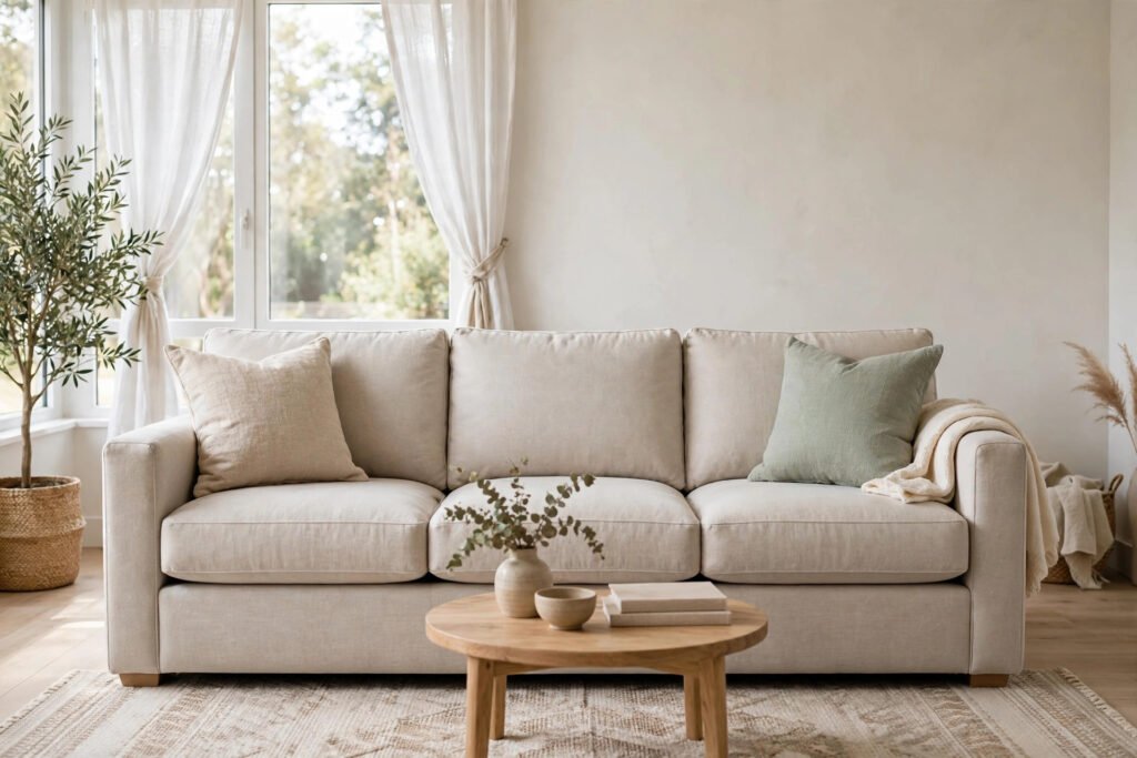 Standard Sofa Dimensions: Length, Depth and Height Beige three-seat sofa in a bright living room