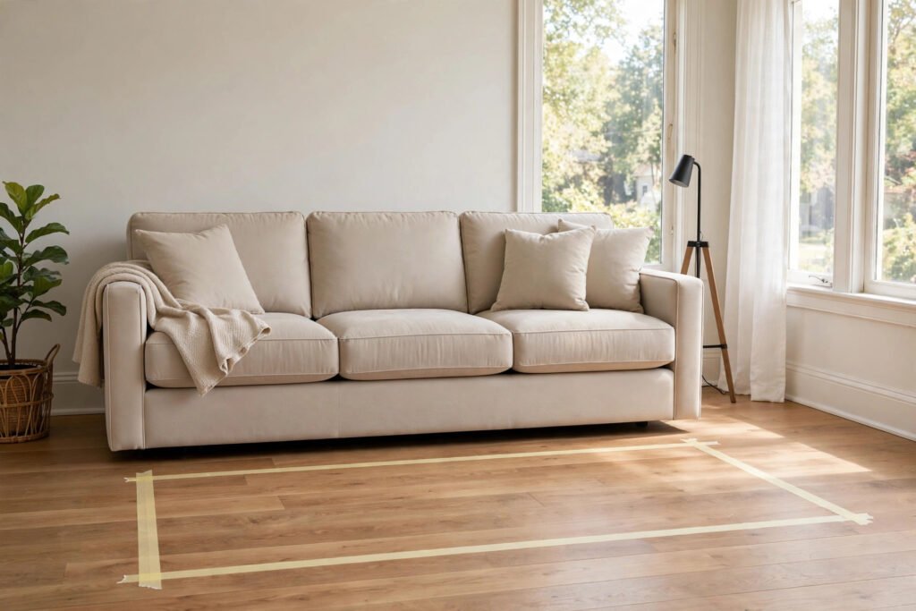 Beige sofa in a bright living room with a painter's tape outline on the floor marking its size