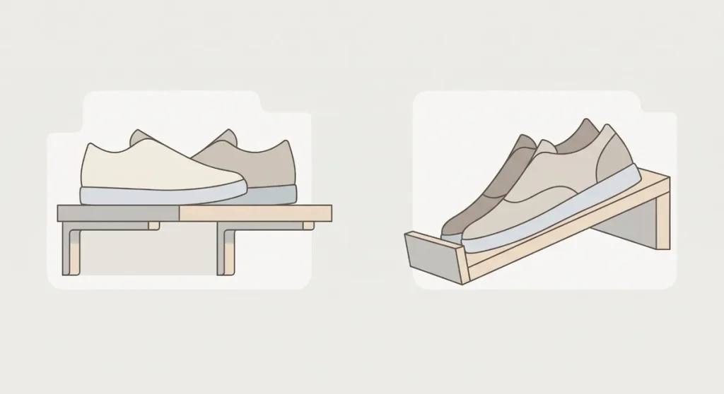 Flat and angled closet shoe shelves with pairs of shoes