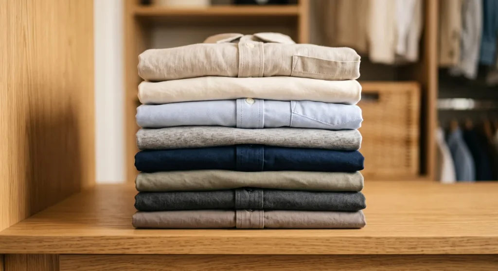 Stack of folded shirts on a wooden closet shelf