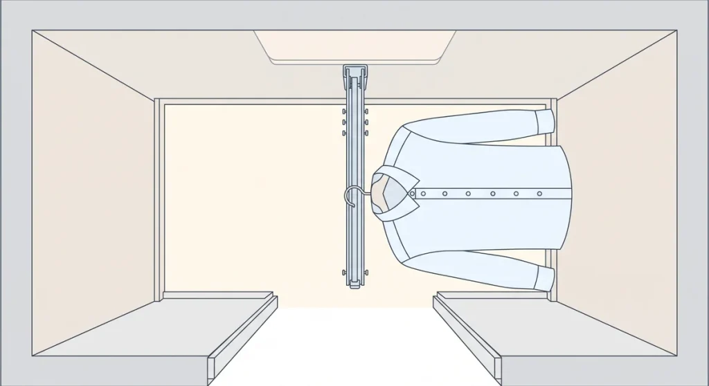 Front-to-back closet rod with a garment facing forward in a shallow closet