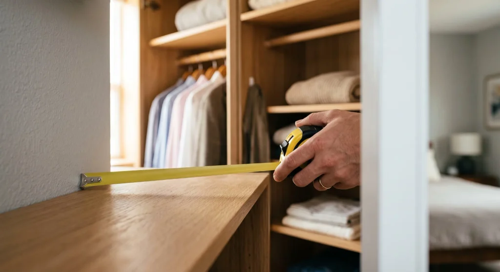 Person using a tape measure to measure a wooden closet shelf