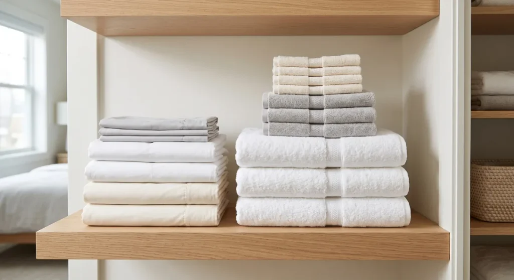 Folded towels and linens arranged on a wooden closet shelf