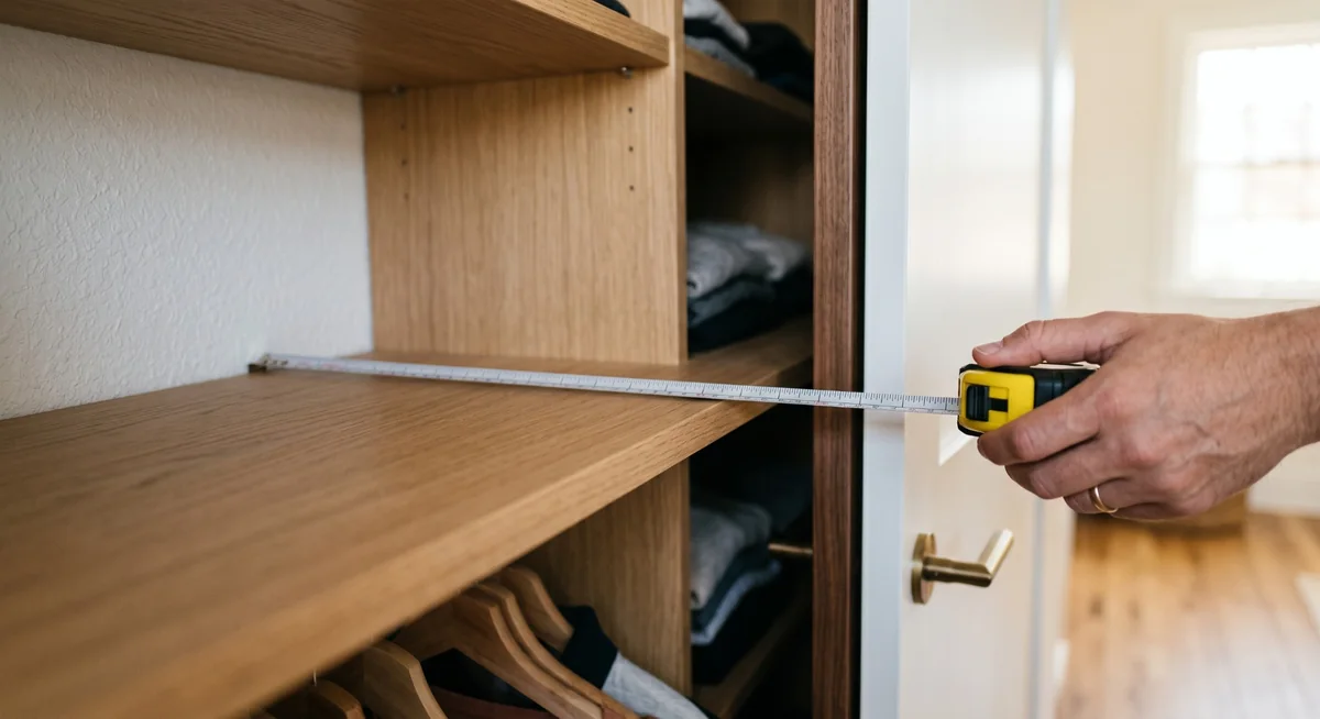 Person measuring closet depth from the back wall toward the front opening with a tape measure