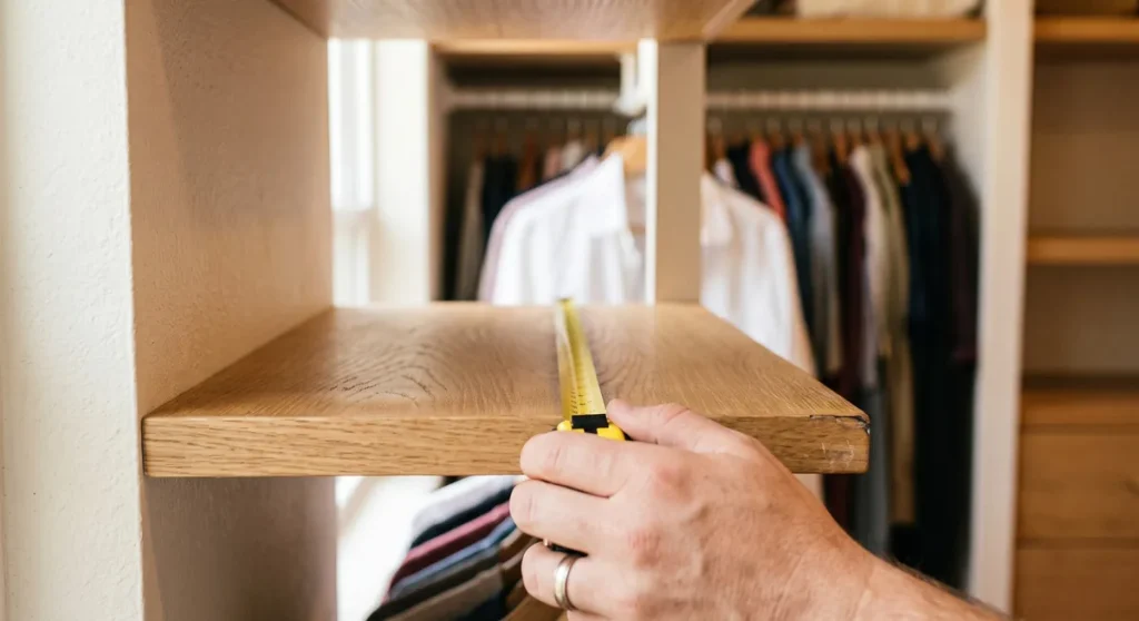 Person measuring the depth of a wooden closet shelf with a tape measure