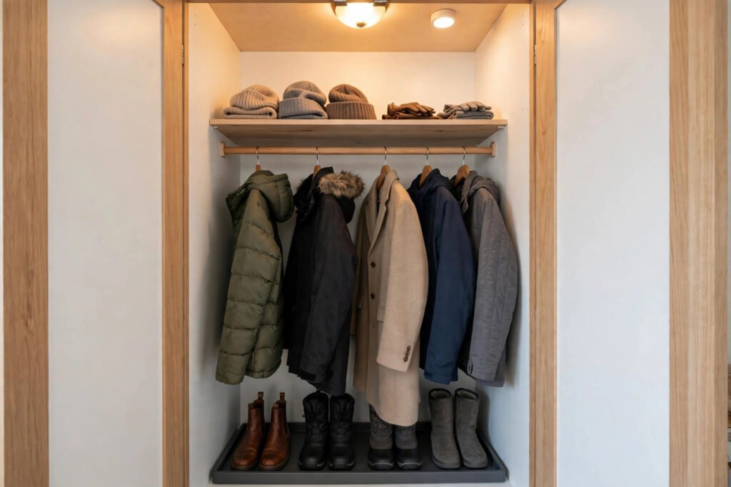 Standard Coat Closet Dimensions and Rod Height Open entryway coat closet with winter coats on a rod, hats and gloves on the shelf above, and boots on a tray below