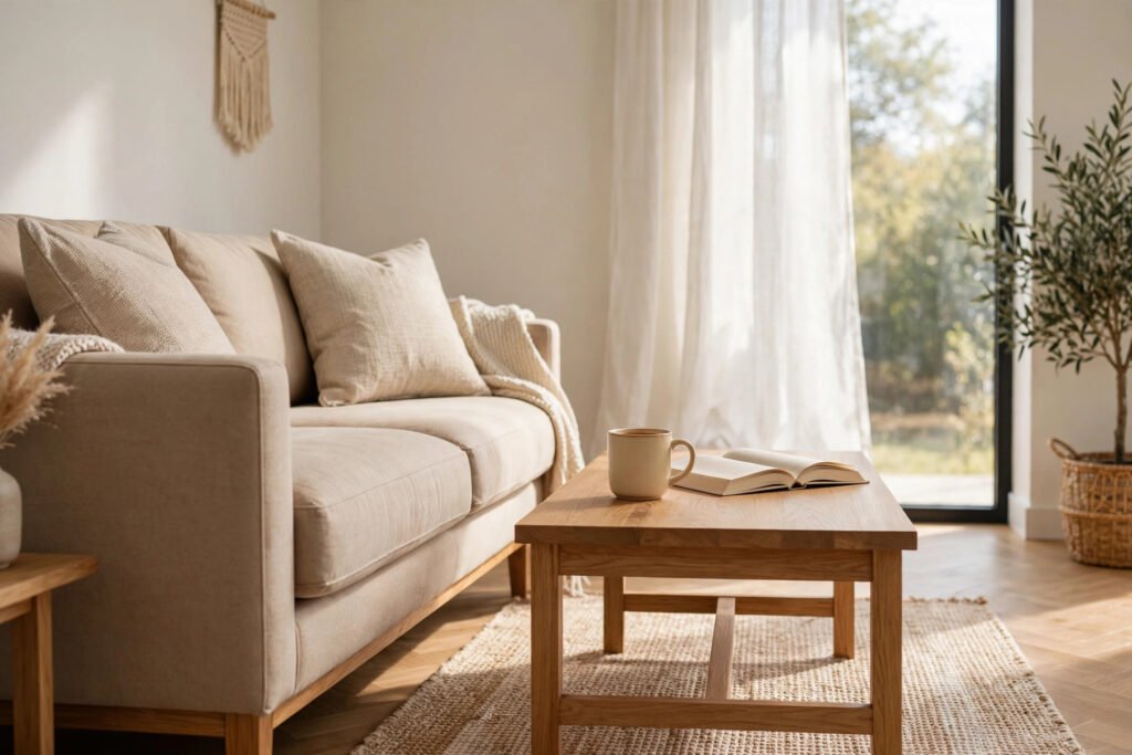 Coffee Table Height Compared With Sofa Height Bright living room with a sofa and wooden coffee table at matching seat height, with a mug and book on the table