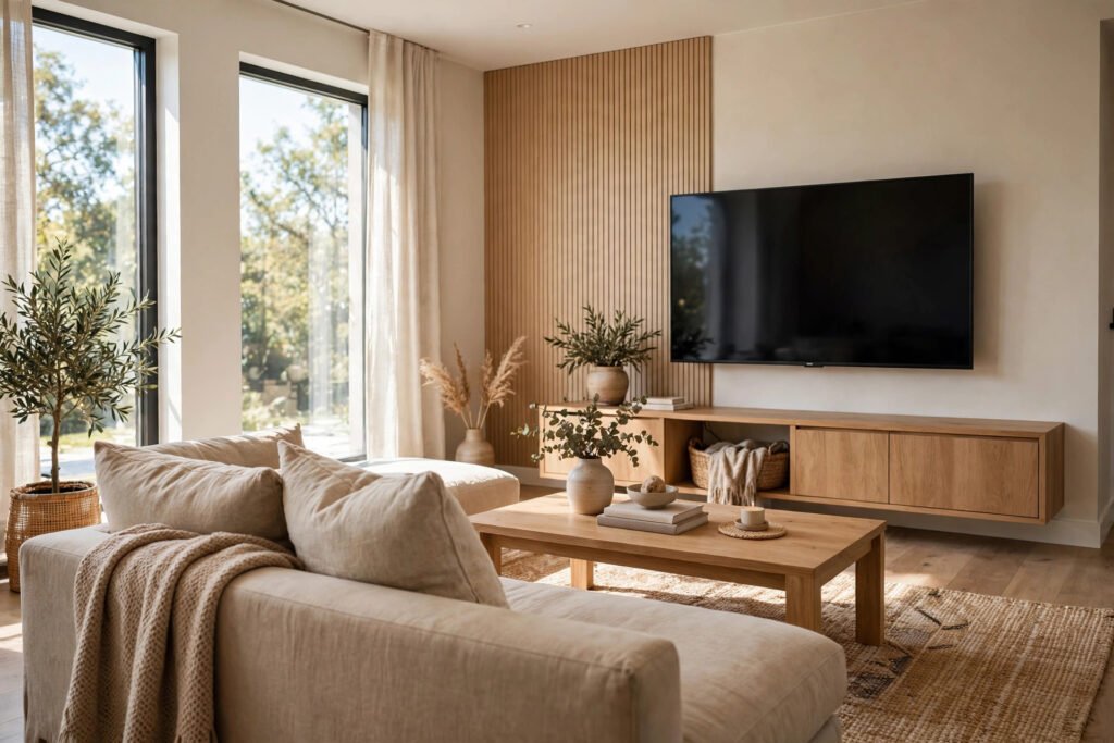 Couch-to-TV Distance by Screen Size Bright living room with a sofa facing a wall-mounted TV, a coffee table between them