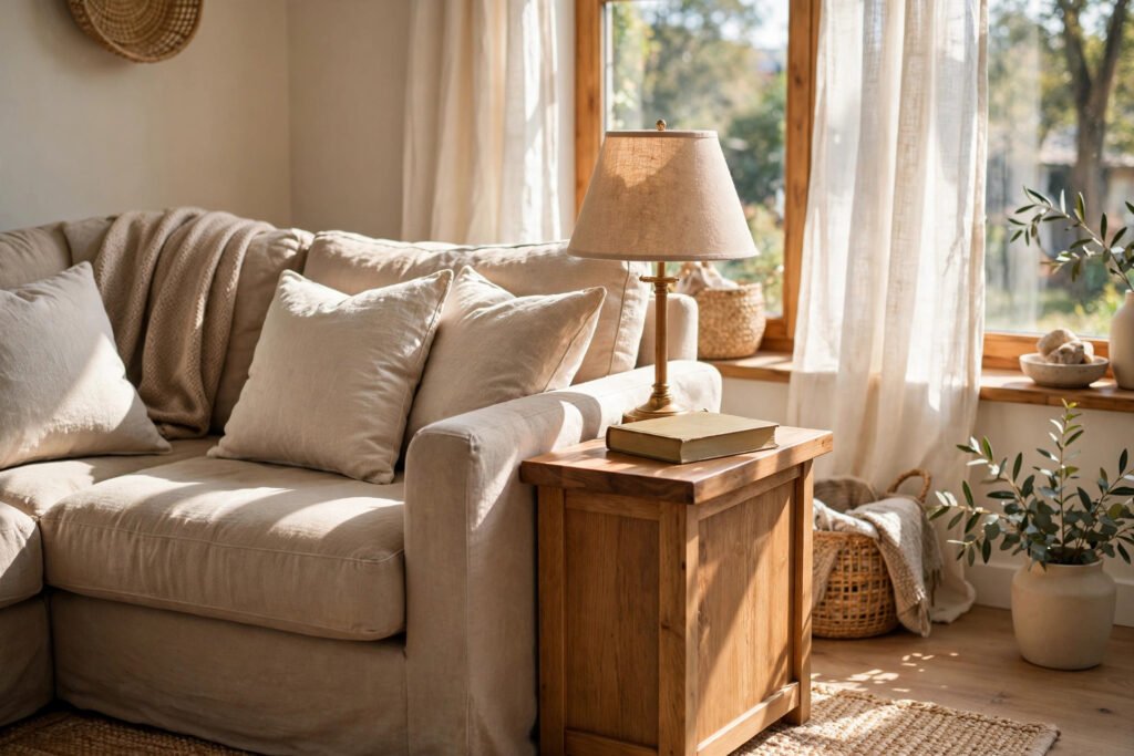 End Table Height Compared With a Sofa Arm Bright living room with a wooden end table at sofa-arm height beside a sofa, holding a lamp and a book