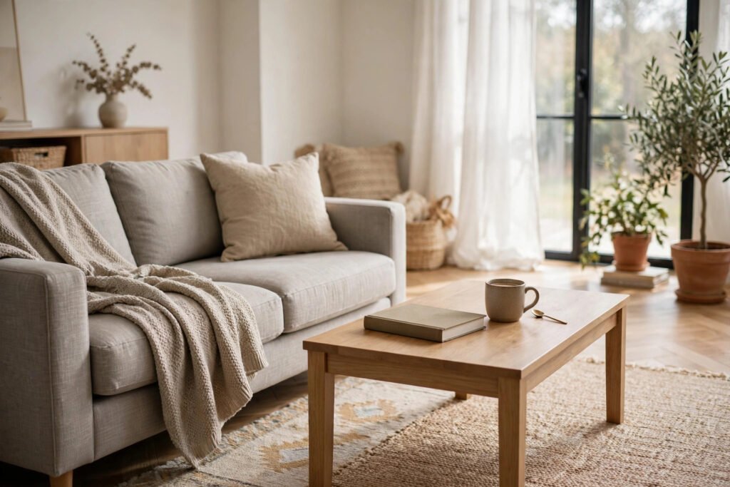 Space Between a Sofa and Coffee Table Bright living room with a light gray sofa and wooden coffee table spaced comfortably apart, with a mug and book on the table