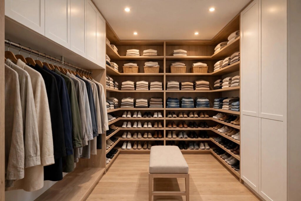 Walk-In Closet Dimensions: Minimum and Comfortable Layouts Bright modern walk-in closet with hanging clothes, shelves, and center bench