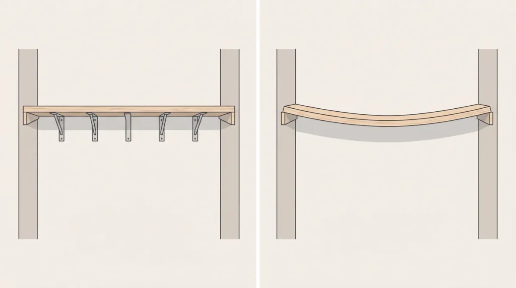 Supported closet shelf compared with a sagging unsupported shelf