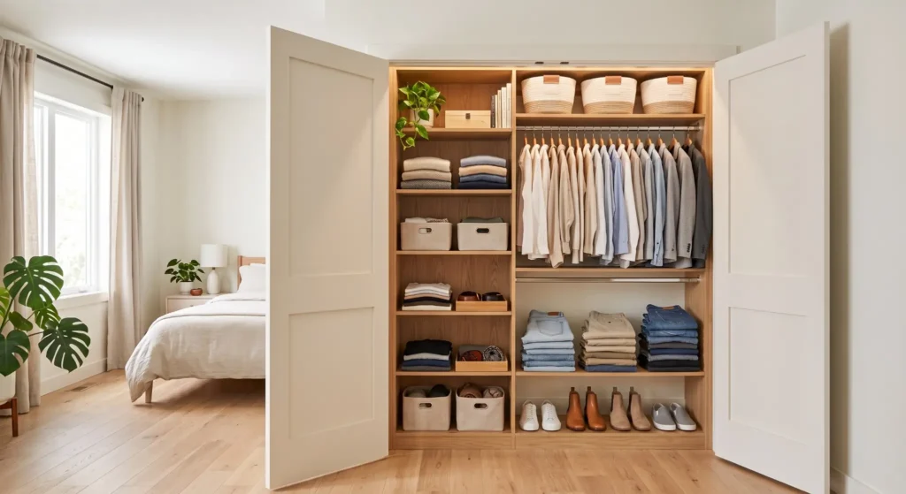 Reach-In Closet Dimensions: Depth, Width and Layout Organized reach-in closet with hanging clothes, shelves, folded items and shoes