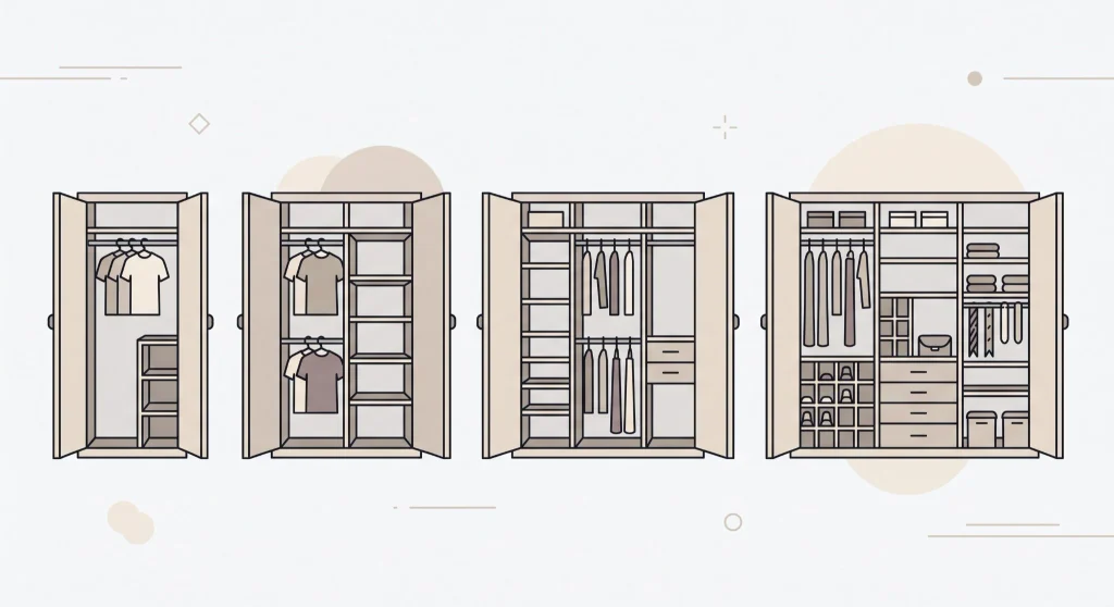 Four reach-in closet layouts progressing from compact to larger storage configurations