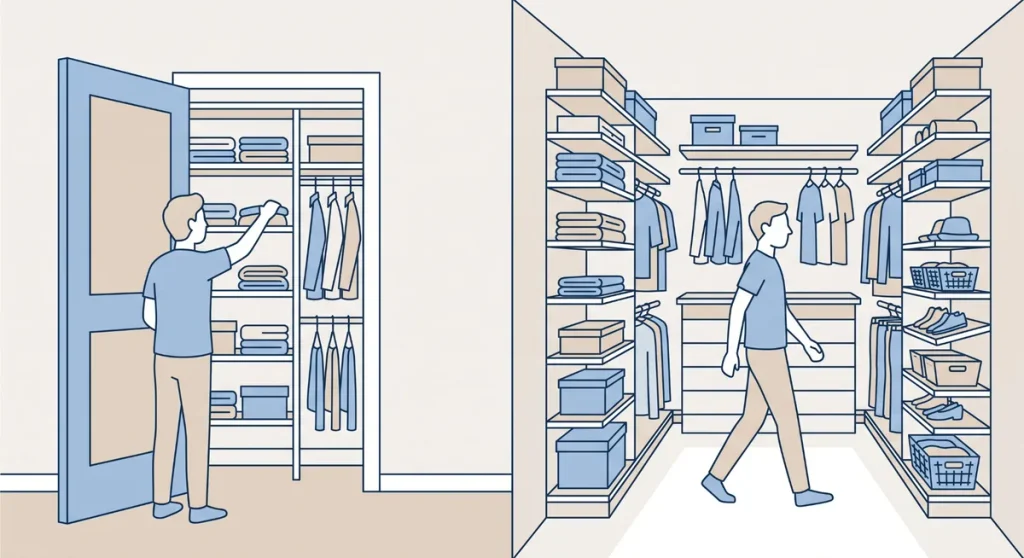 Side-by-side reach-in and walk-in closets with shelving and hanging storage