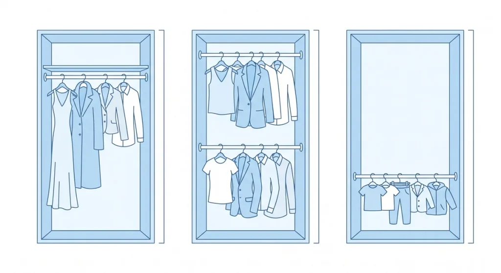 Diagram comparing single, double and child closet rod layouts