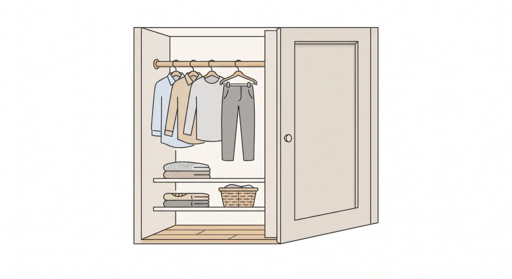 Reach-in closet with hanging adult clothes and folded items on shelves