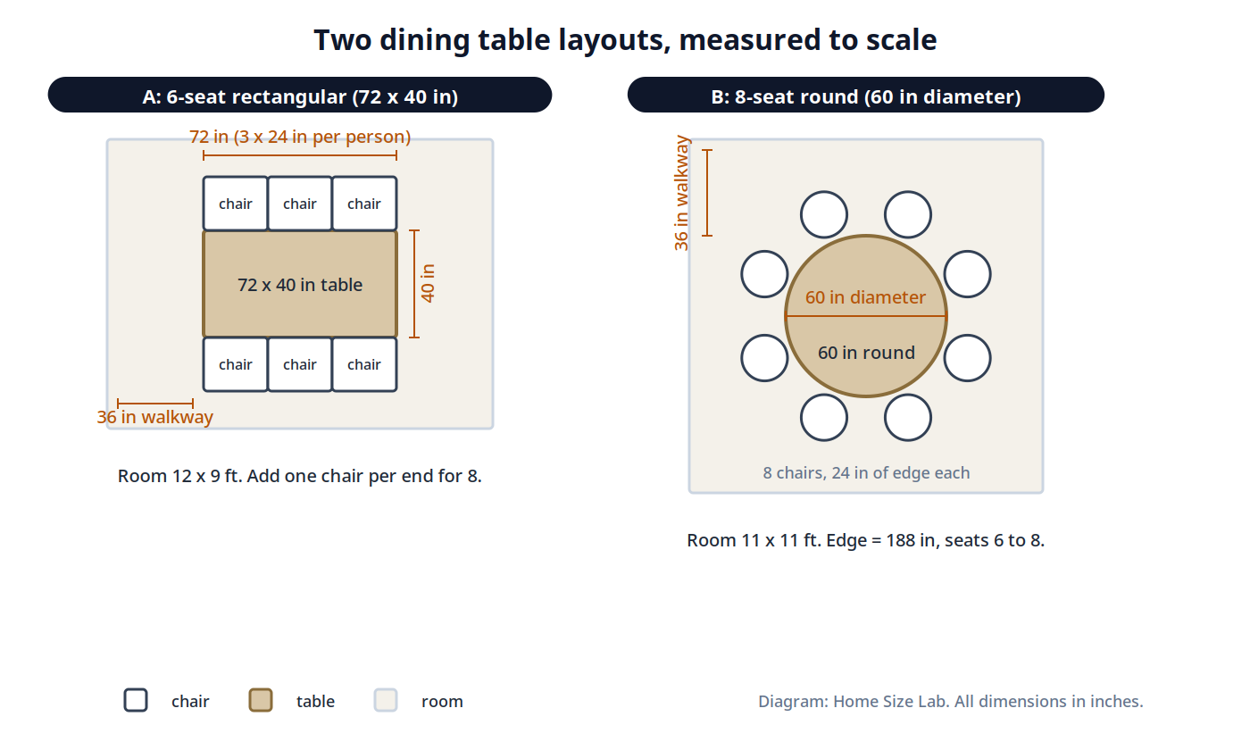 Plan-view diagram of two measured dining table layouts: a 6-seat rectangular table 72 by 40 inches in a 12 by 9 foot room, and an 8-seat round table 60 inches in diameter in an 11 by 11 foot room, with walkway and per-person dimensions labeled