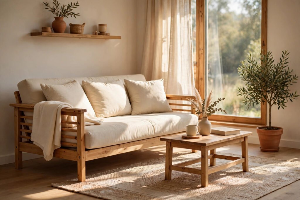 Wooden-frame futon sofa with cream cushions in a sunlit living room with a coffee table and rug