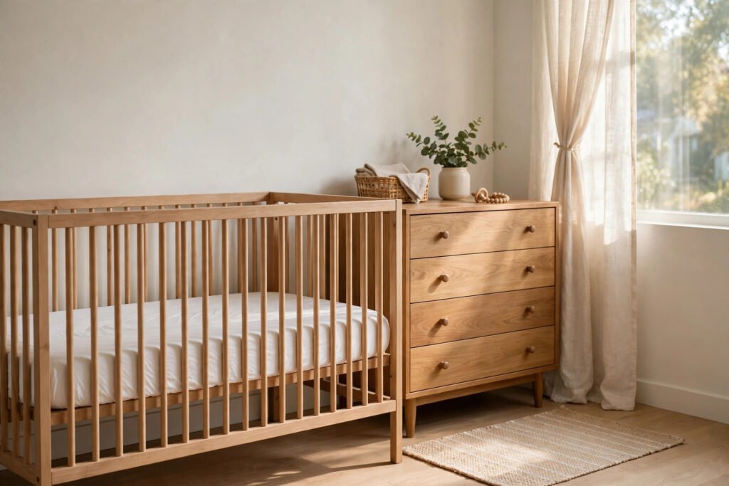 Crib Dimensions (Chart): Standard Sizes + 3/4-Inch Gap Rule Natural wooden slatted crib with a white fitted sheet beside a wooden dresser in a warm, bright nursery