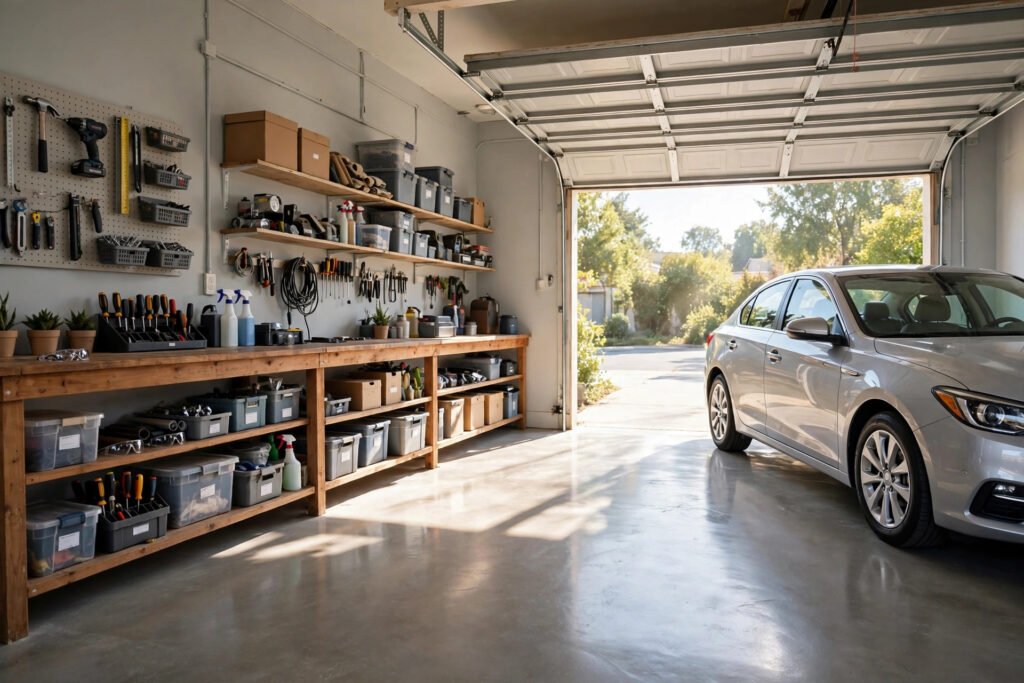 Silver sedan parked inside a bright, clean two-car garage with an open sectional door, workbench and shelving along the side wall