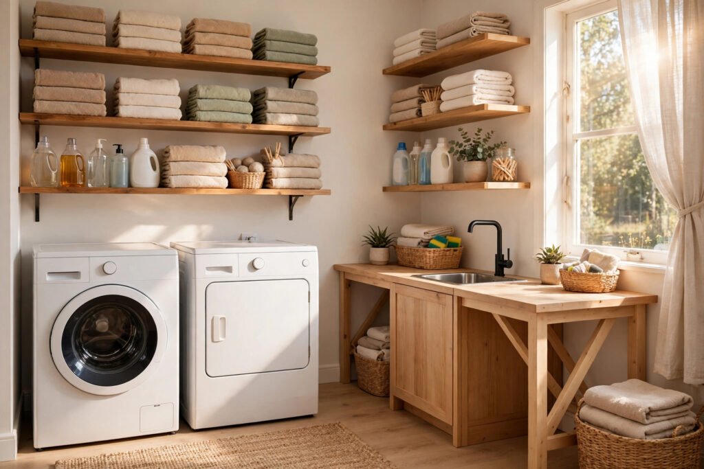 Laundry Room Dimensions: Size Chart + 5×6 Minimum Rule Warm bright laundry room with a front-load washer and dryer beside a wooden folding counter and utility sink, shelves of folded towels above, sunlight through a window