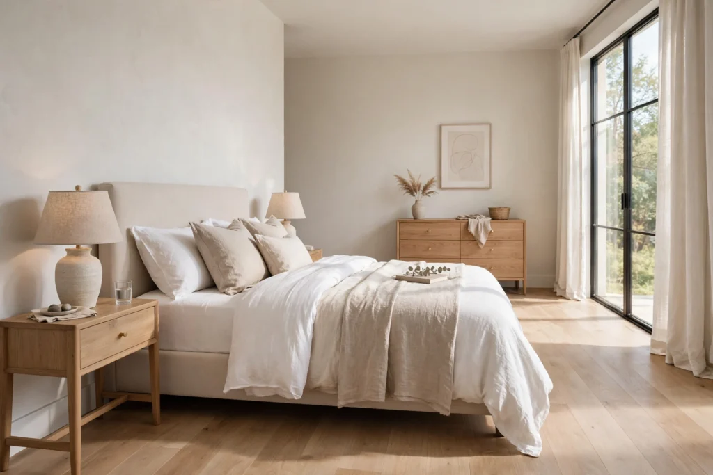 King bed with upholstered headboard and white bedding in a bright bedroom with wooden dresser and tall windows