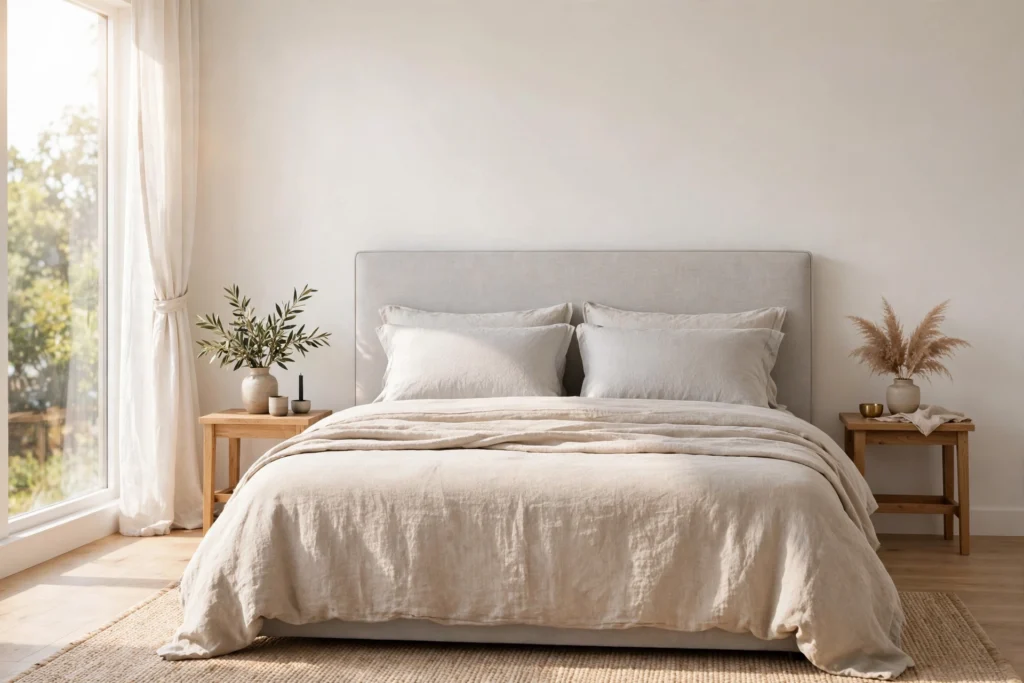 What Size Bedroom Is Needed for a Queen Bed? Queen bed with beige upholstered headboard in a bright small bedroom with wooden nightstands and tall window