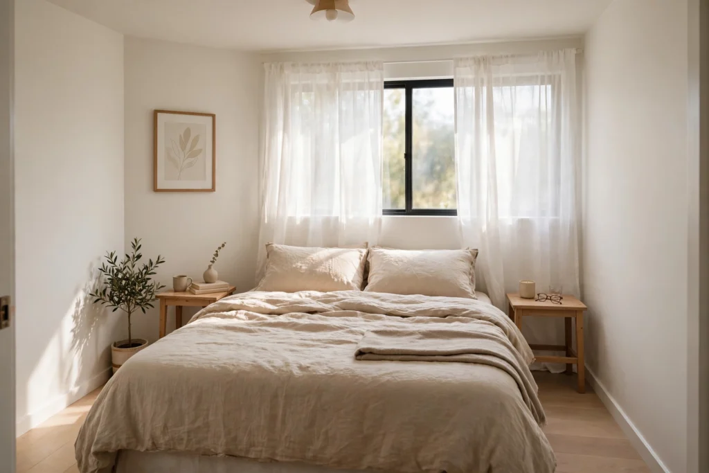 Can a King Bed Fit in a 10×10 Room? King bed centered under a bright window in a small neutral bedroom with two wooden nightstands